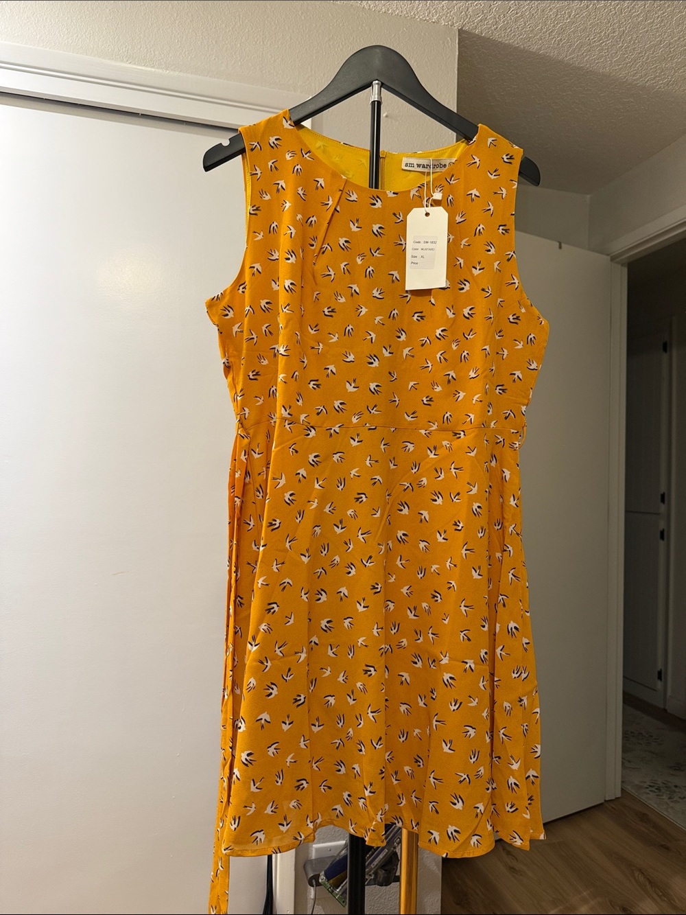 sm wardrobe Sleeveless Mustard yellow and birds print Fit & Flare Dress size XL